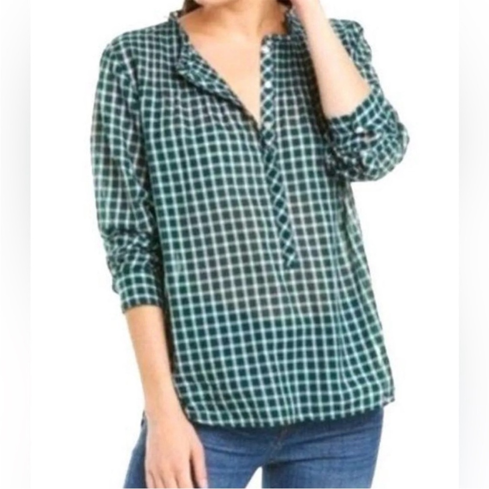 Jcrew gingham ruffle pleat blouse in academic green
